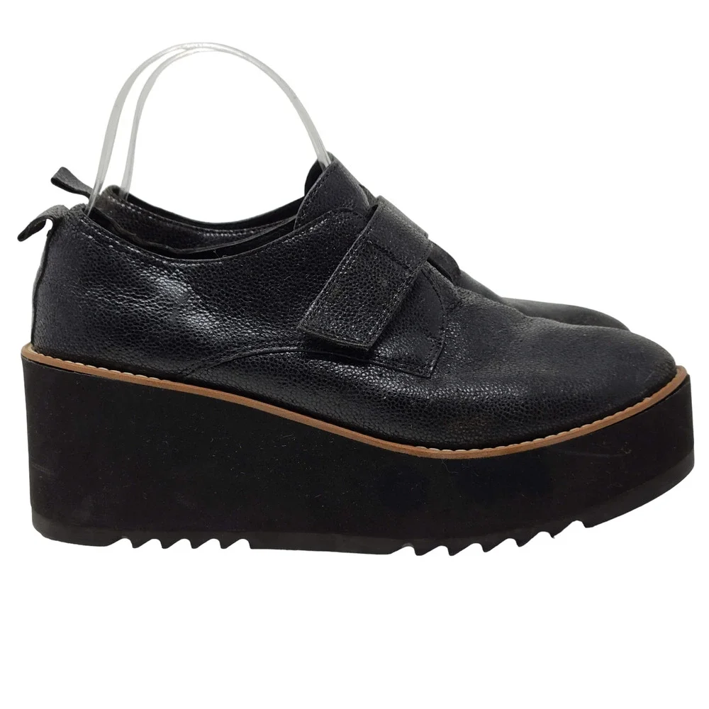 EILEEN FISHER Zola Black Pebbled Leather Platform Wedge Oxford Women's 9 - Picture 3 of 13